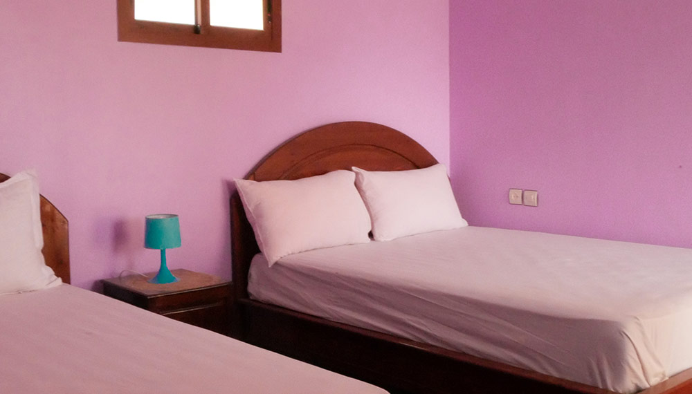 Twin room with mauve walls